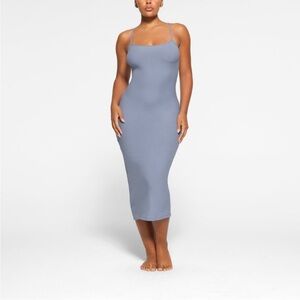 SKIMS Ribbed Slip Midi Dress in Dusty Blue Gray